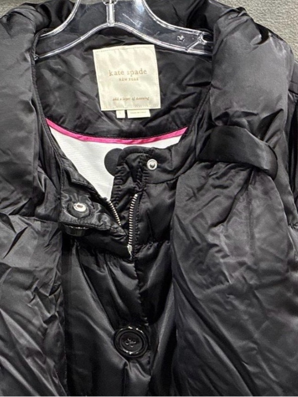 NWOT kate spade Black Quilted Puffer Coat with Pink Lining Accent